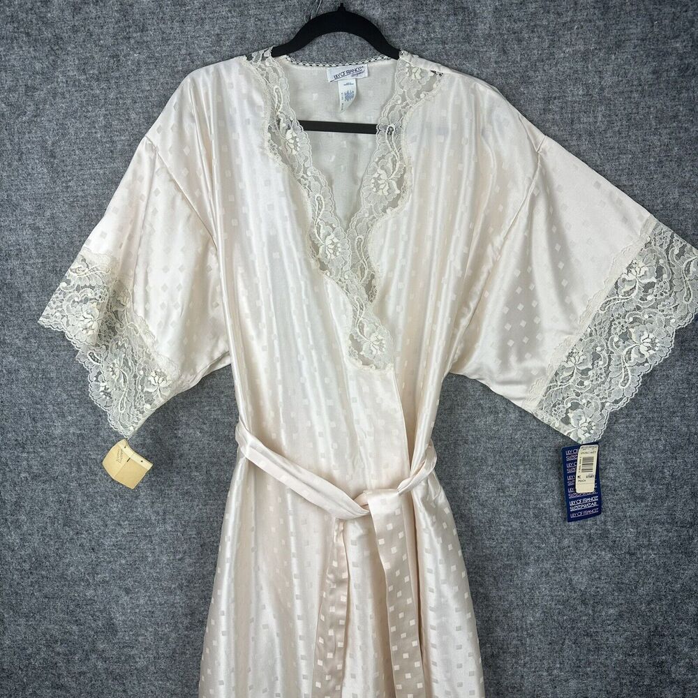 Vintage NWT Lily of France Robe Women Medium Peach Satin Lace Long NOS 80s